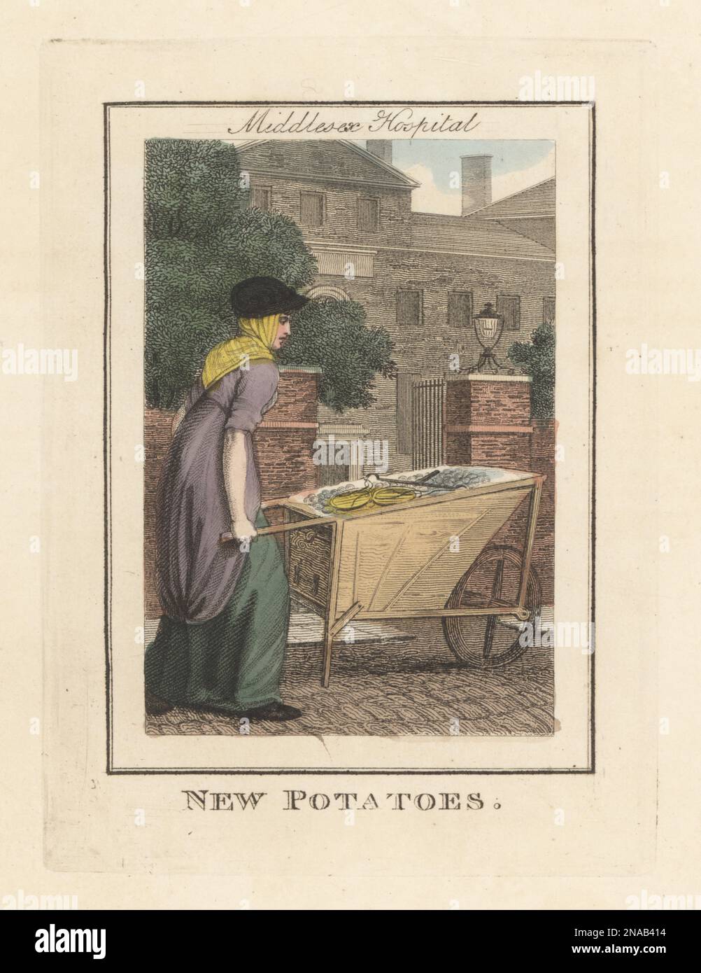 Woman selling new potatoes at Middlesex Hospital. In bonnet, fichu, dress and petticoats with wheelbarrow of potatoes. Gate and gardens of Middlesex Hospital, built in 1755 and demolished in 2017. Handcoloured copperplate engraving by Edward Edwards after an illustration by William Marshall Craig from Description of the Plates Representing the Itinerant Traders of London, Richard Phillips, No. 71 St Paul’s Churchyard, London, 1805. Stock Photo