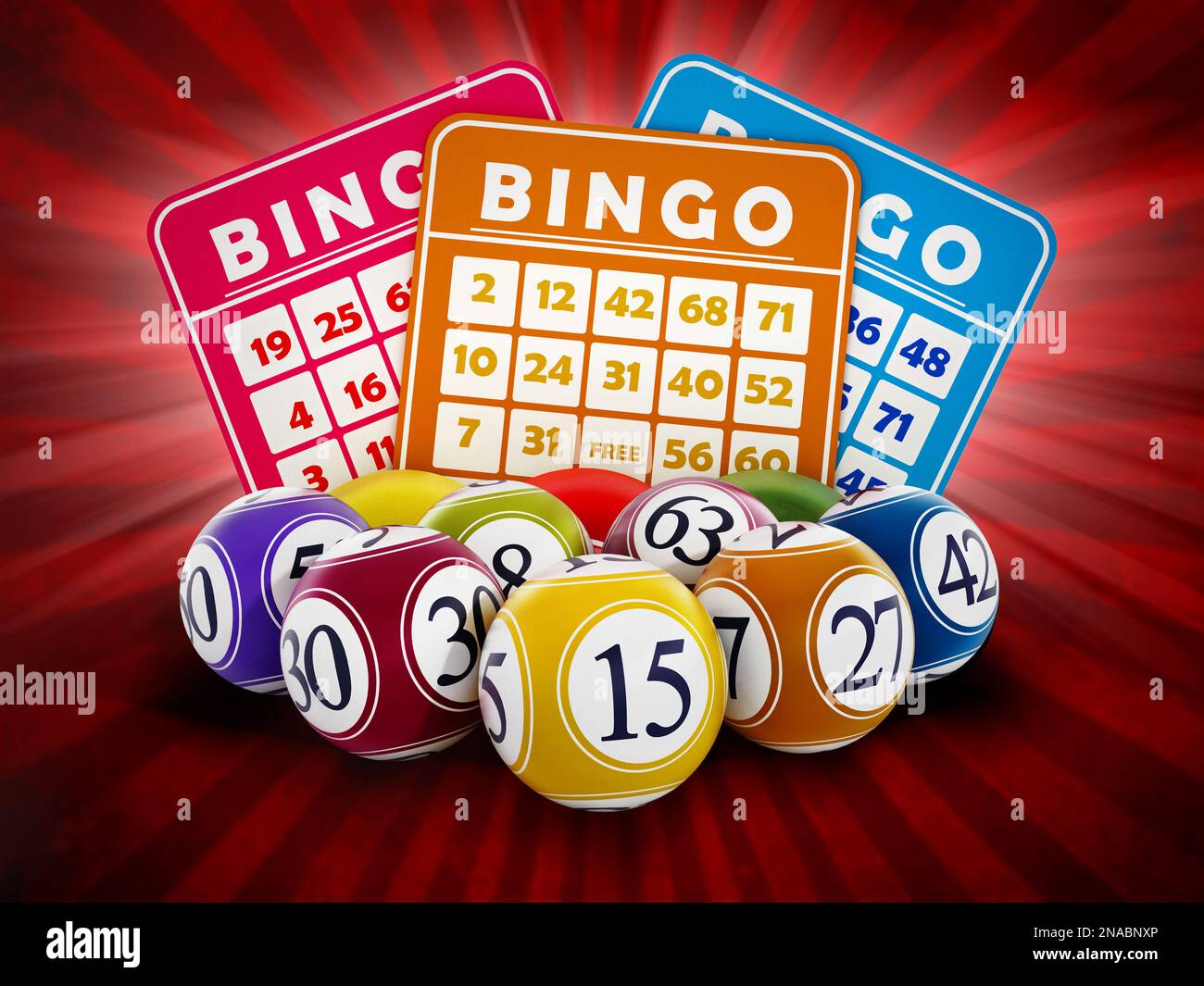 Bingo card and balls with numbers on red background. 3D illustration