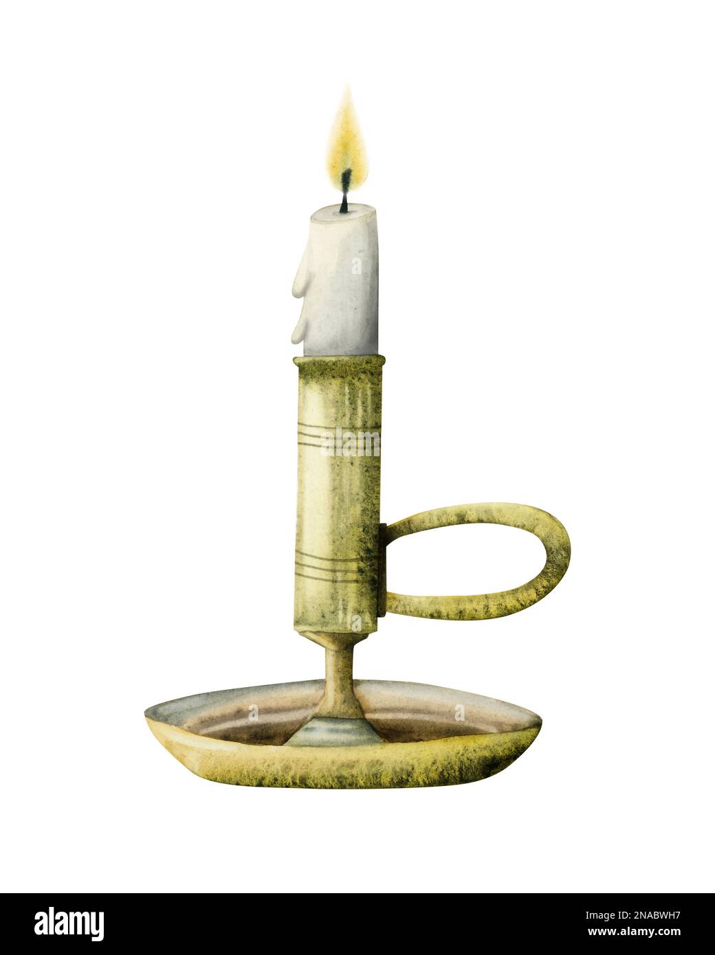 Ancient vintage candlestick with burning candle, old gold candelabrum standing on tray. Rustic