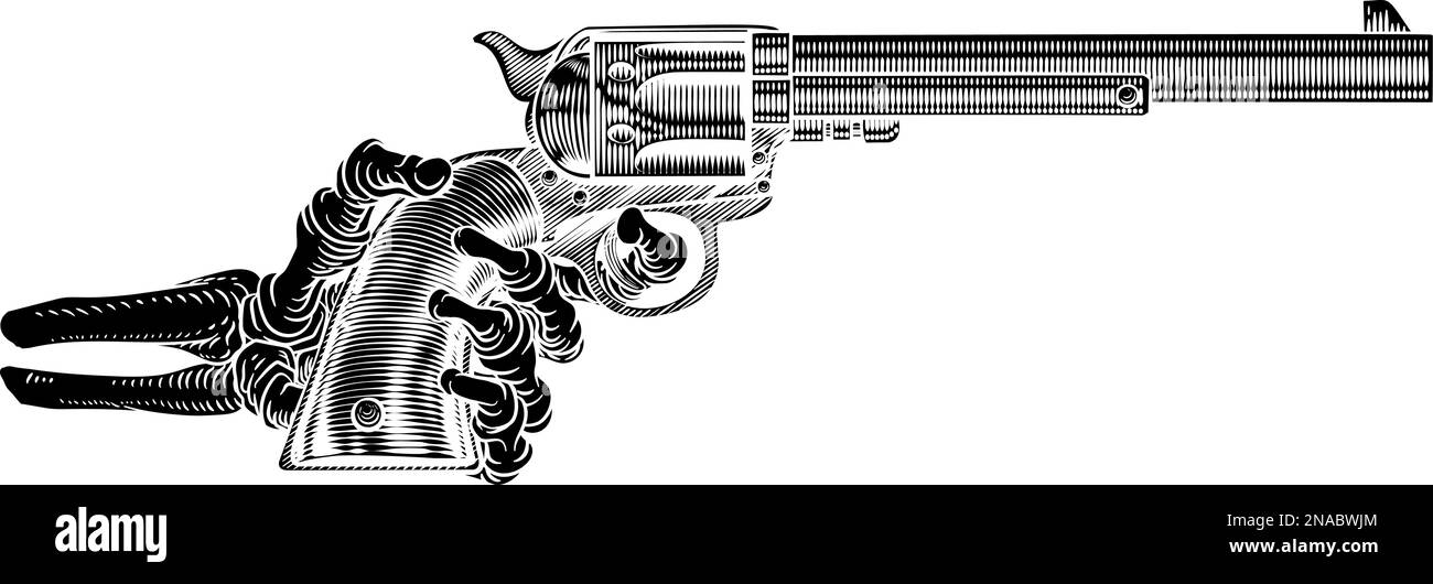 Skeleton Hand Western Cowboy Gun Pistol Woodcut Stock Vector