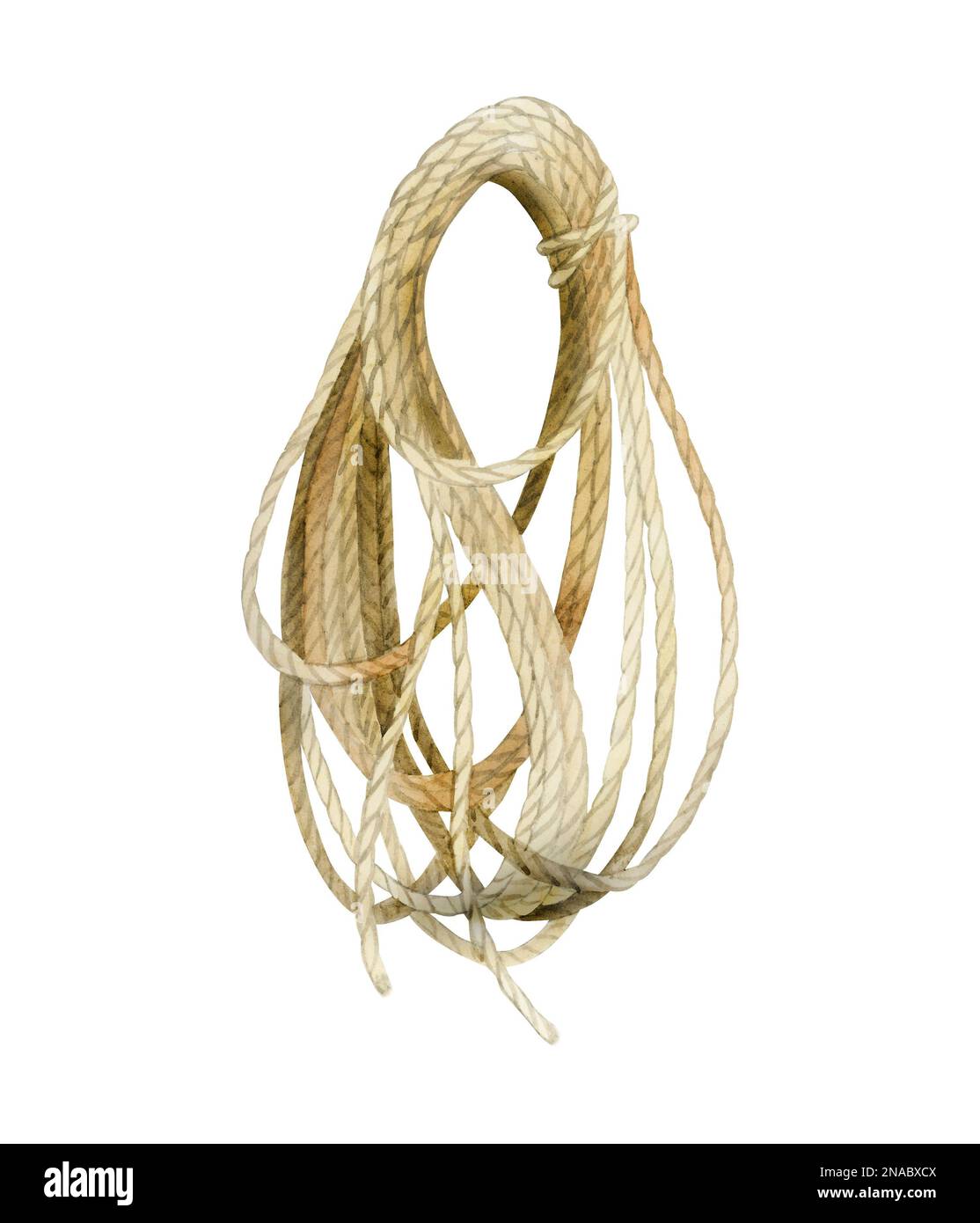 Watercolor hanging coil of rope roll, hand drawn illustration isolated