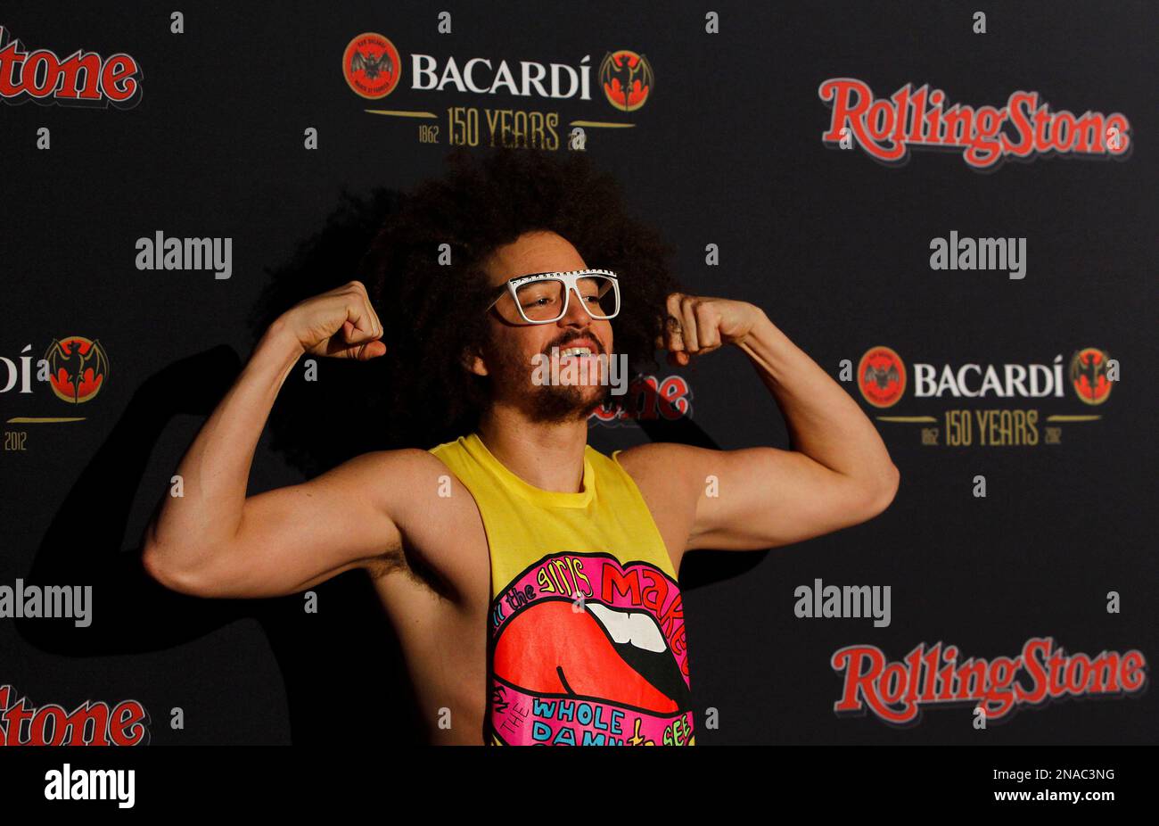 LMFAO lead singer RedFoo arrives for the 150th Anniversary at the Rolling Stone's BACARDI Bash