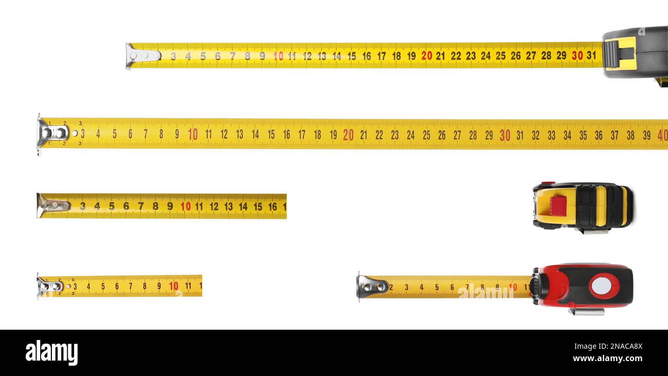 Set with measuring tapes on white background, banner design Stock Photo