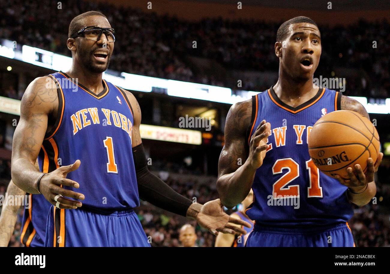 New York Knicks' Amare Stoudemire (1) and Iman Shumpert look to an official  after a foul was called on the Knicks during the second quarter of an NBA  basketball game in Boston, image size:1300x913
