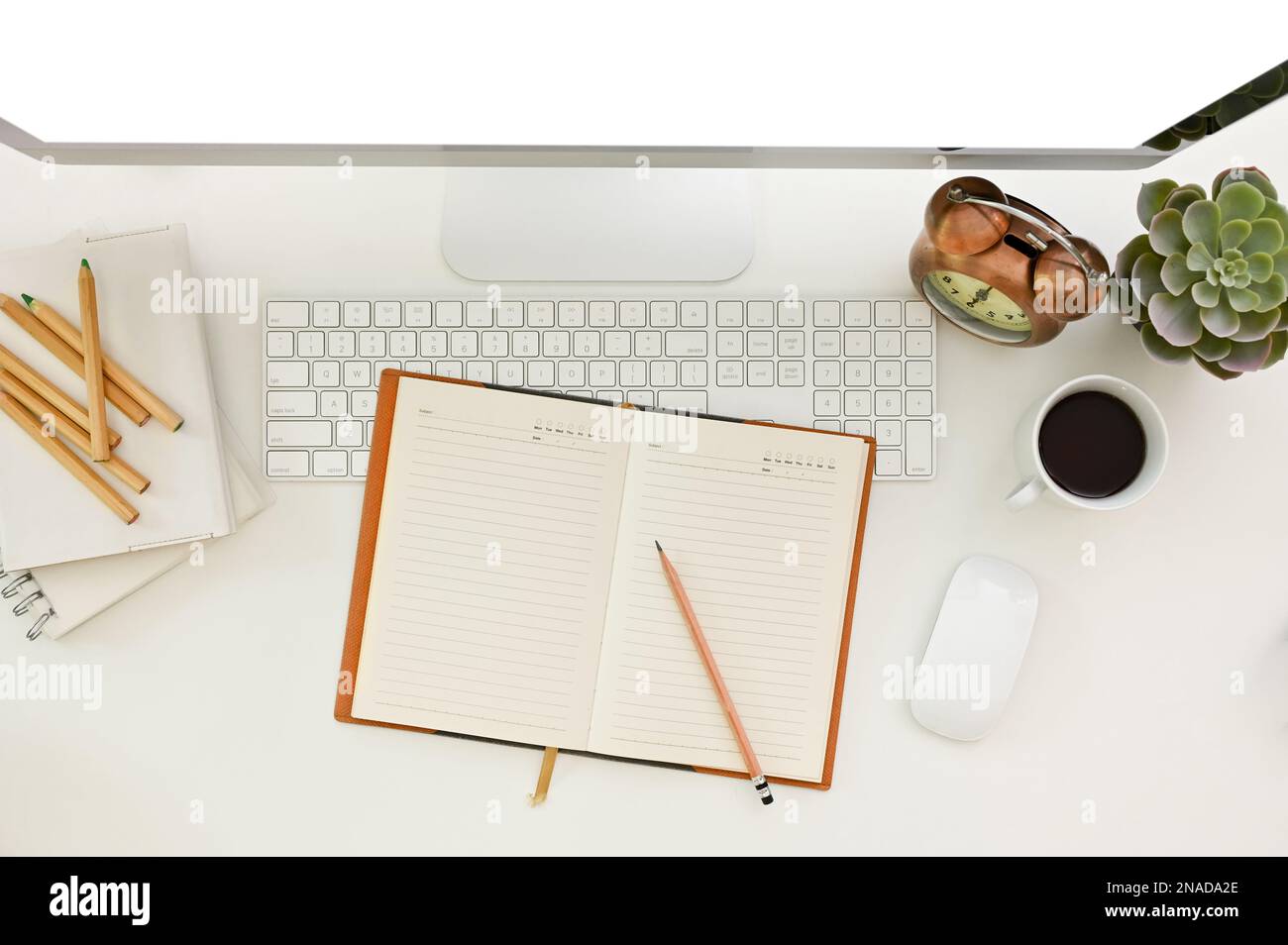 Minimal white office desk workspace top view with empty pages notebook ...