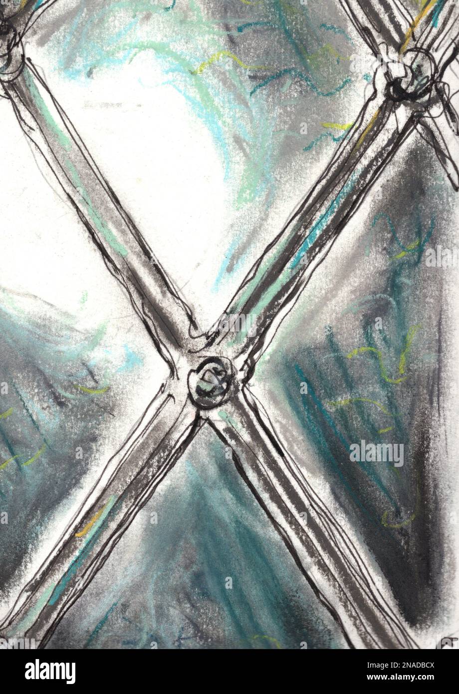 Ink and pastel illustration of a lead light window. Stock Photo