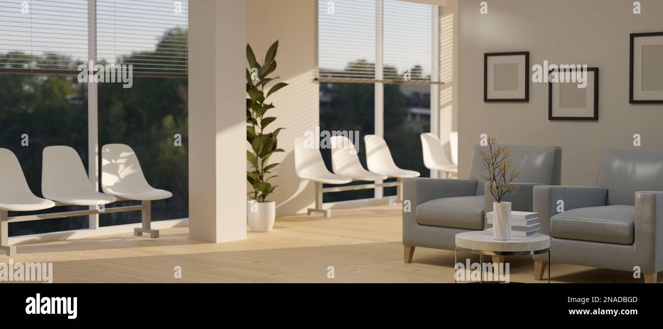 Modern and comfortable waiting room or office lounge interior design with waiting seats against