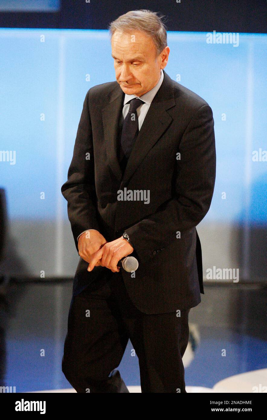 CONI President Gianni Petrucci stands during the "Gran Gala' del calcio" show, where the best Serie A players are selected, in Milan, Italy, Monday, Jan. 23, 2012. (AP Photo/Antonio Calanni) Stock Photo