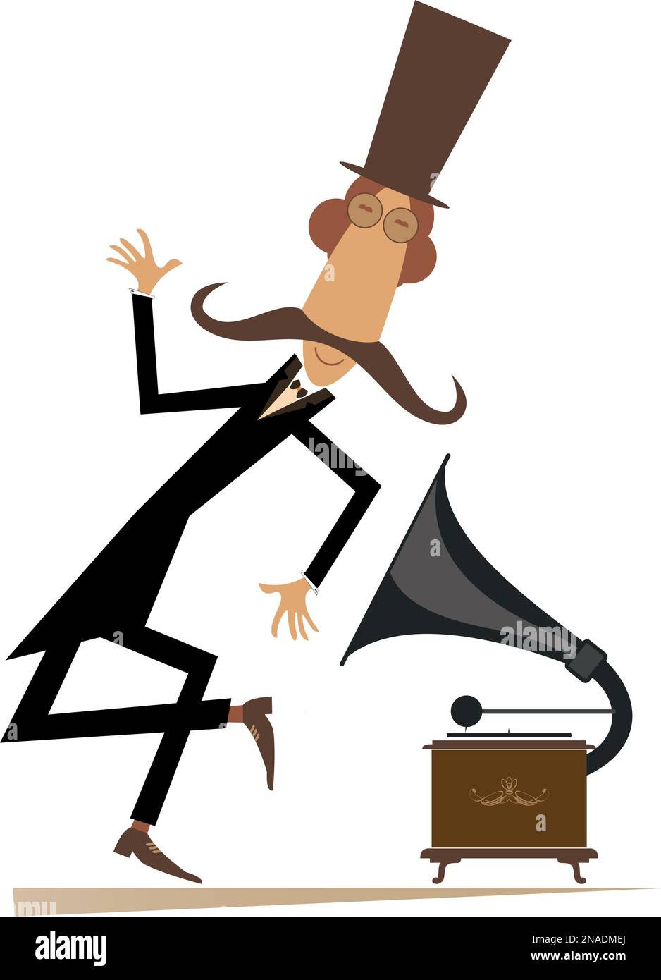 Retro record player. Dancing man in the top hat. Cartoon long mustache