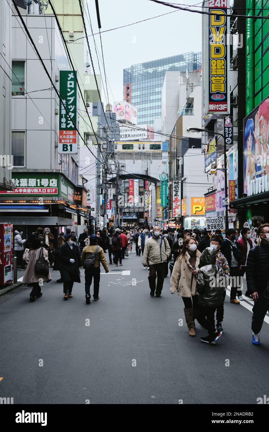 Crowds in a backstreet in Akihabara in Tokyo, Japan Stock Photo