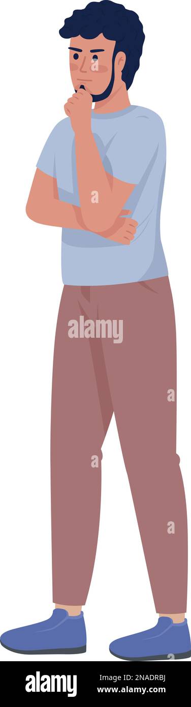 Frowning bearded man thinking about decision semi flat color vector character Stock Vector