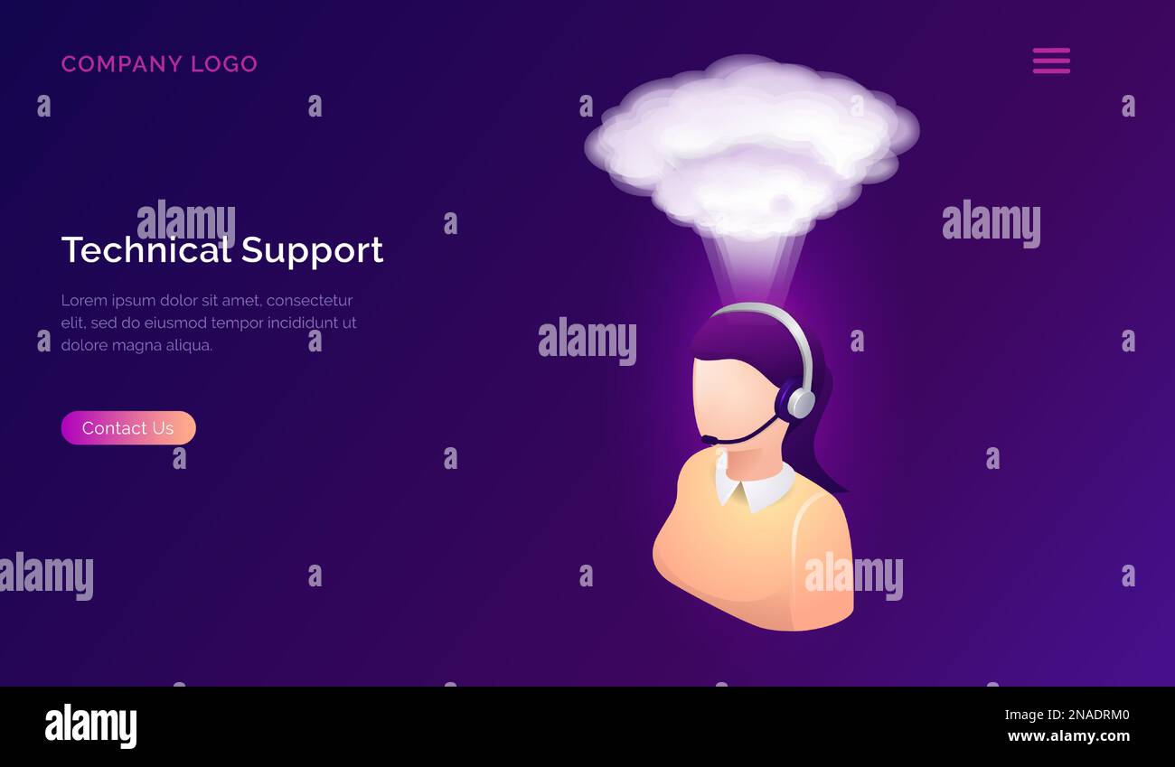 Technical support or online assistant isometric concept vector illustration. Female figure in headset with steam cloud over head, angry call center operator or telemarketer, isolated on purple banner Stock Vector