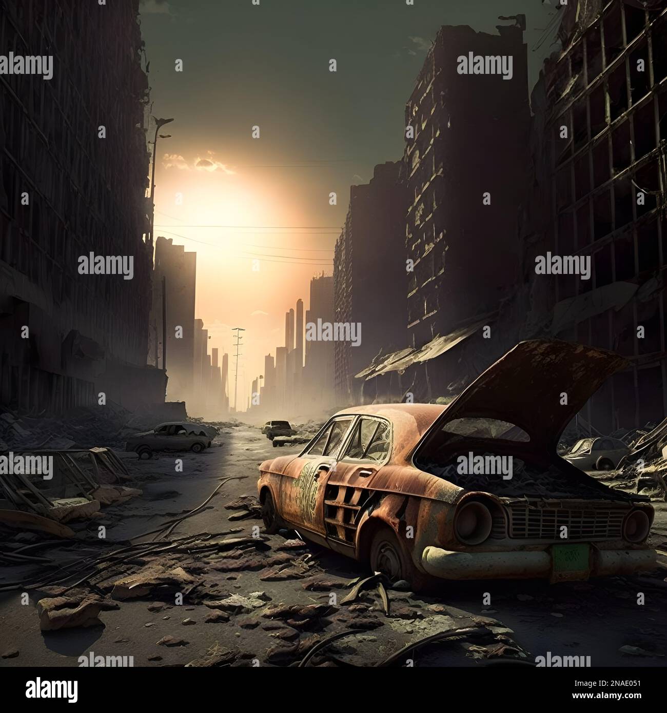 a car in the post apocalyptic city Stock Photo
