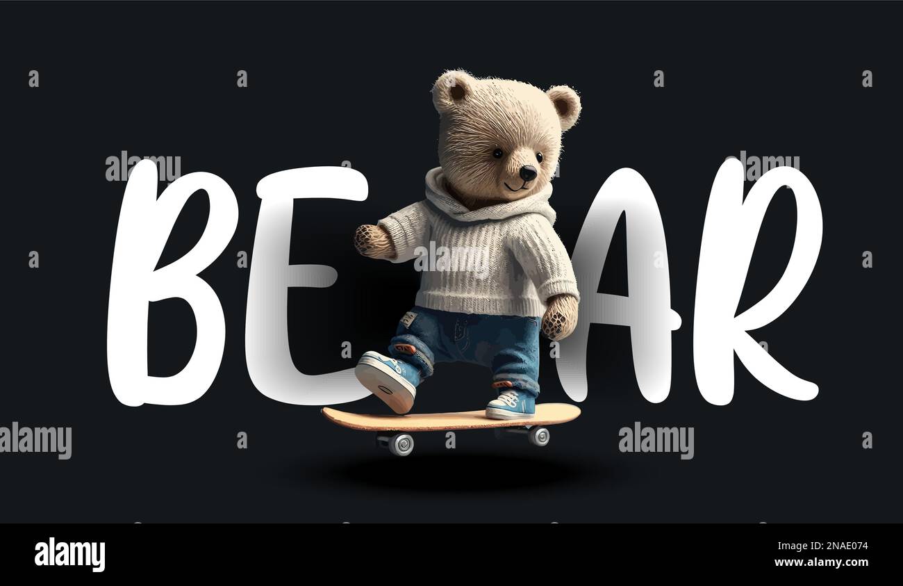 Cute teddy bear rides a skateboard. Funny charming illustration of a ...