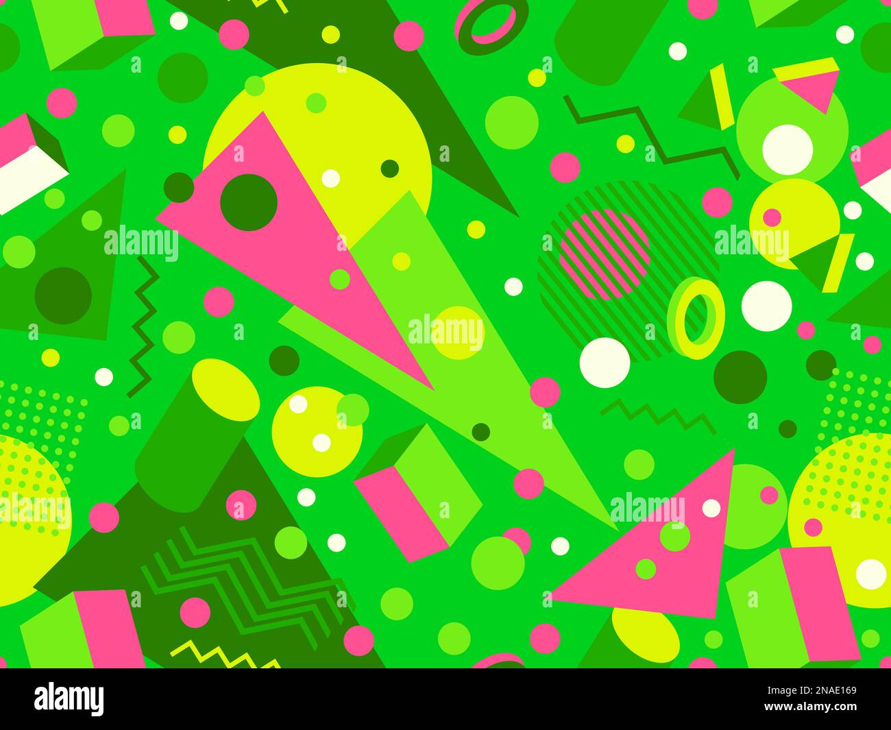 Geometric seamless pattern with 3d shapes in 80s memphis style. Isometric 3D geometric shapes in different colors. Design for printing on paper, banne Stock Vector
