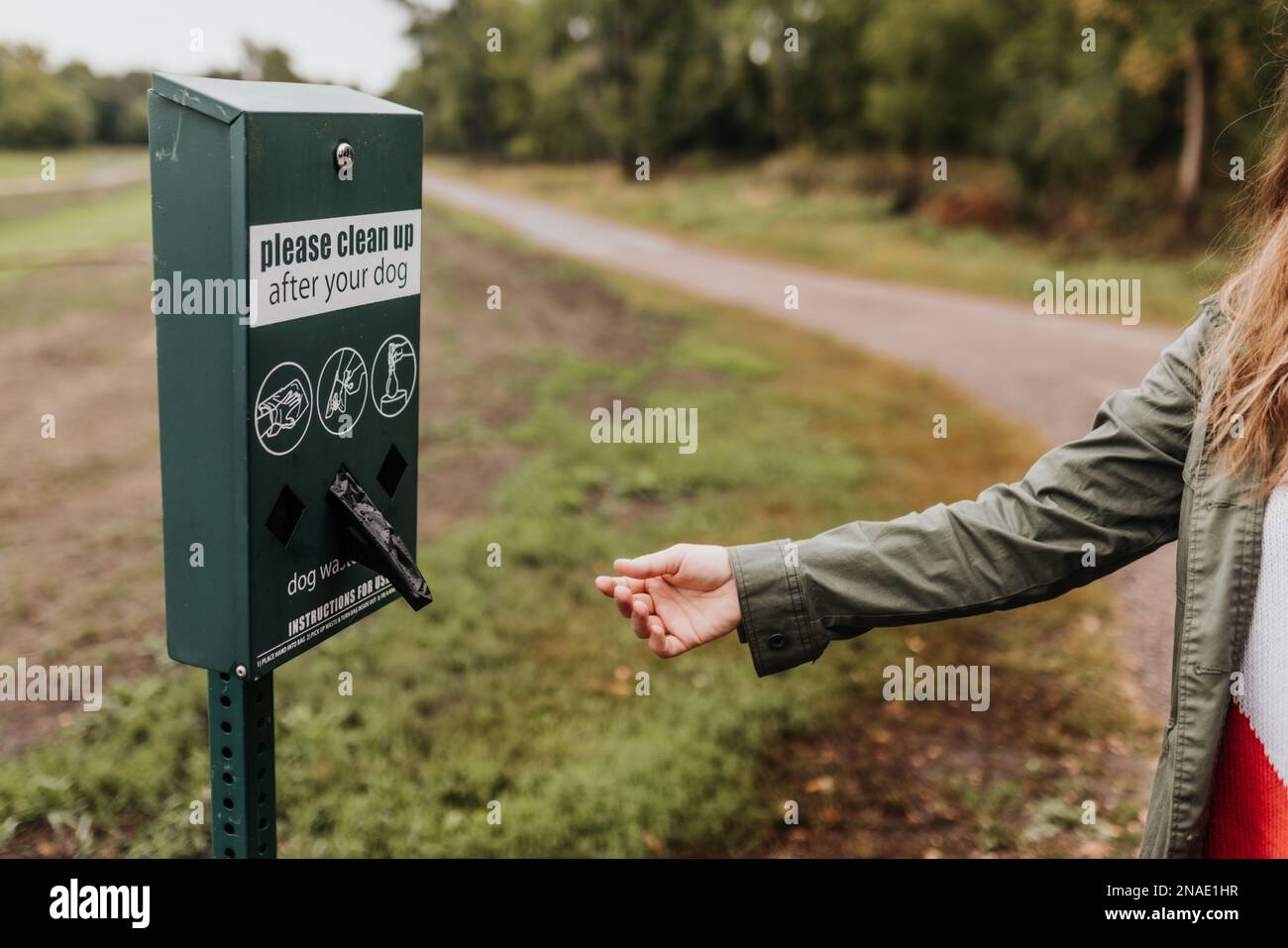 Adult female reaches for dog waste clean up bag while on walking trail