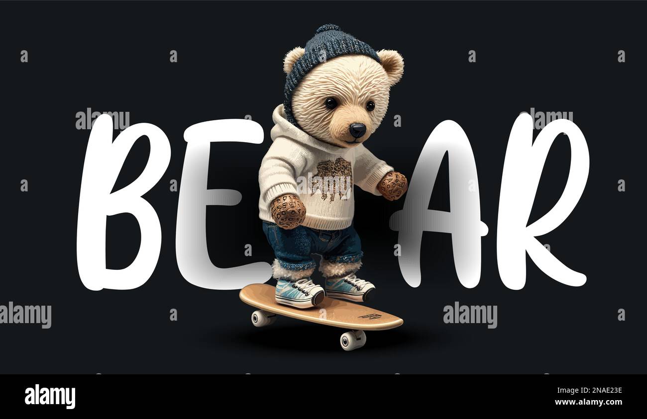 Cute teddy bear rides a skateboard. Funny charming illustration of a ...