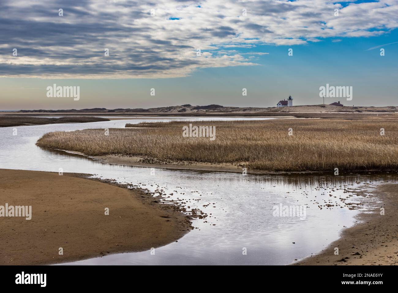A view of marsh, river and Racepoint Lighthouse in the distance Stock Photo