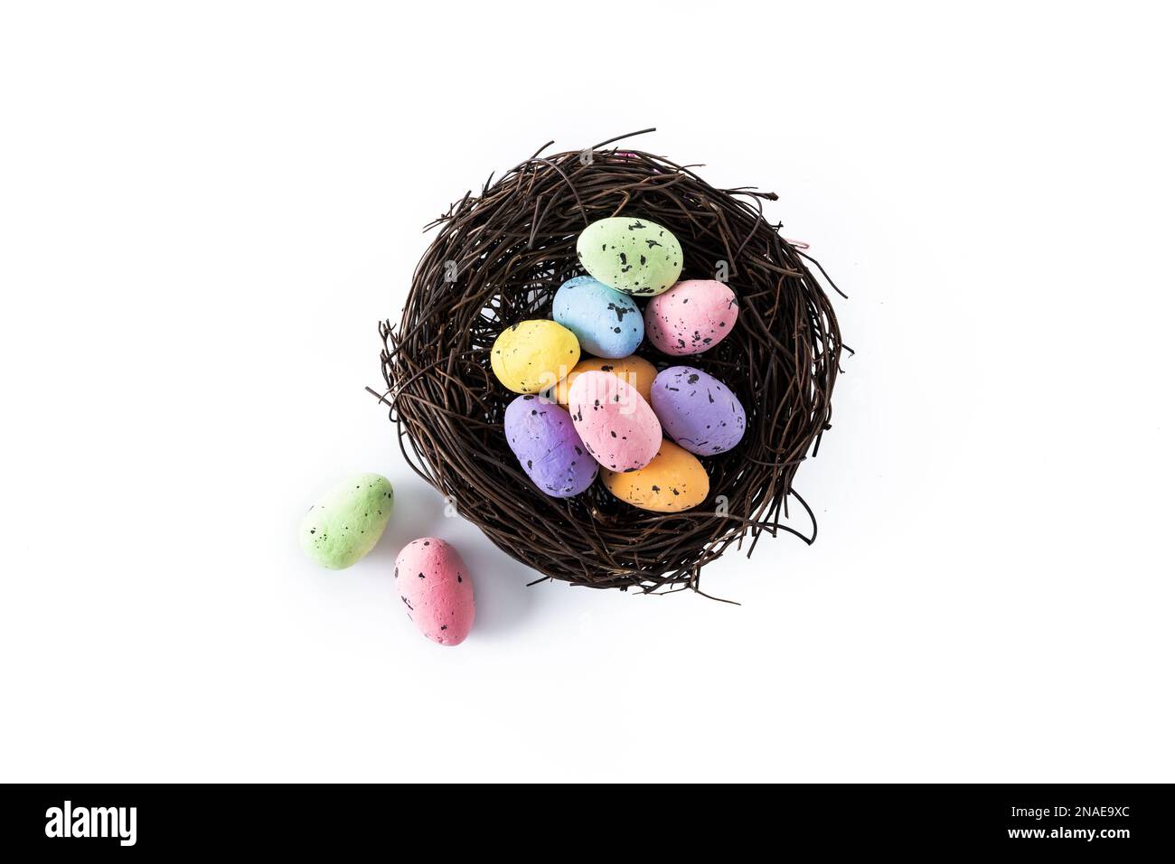 Colorful Easter eggs inside a nest isolated on white background Stock ...