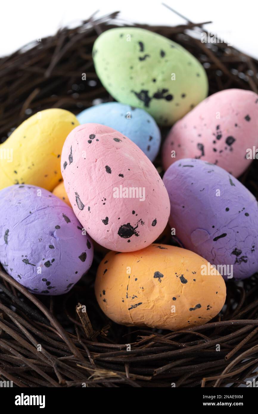 Colorful Easter eggs inside a nest isolated on white background Stock ...