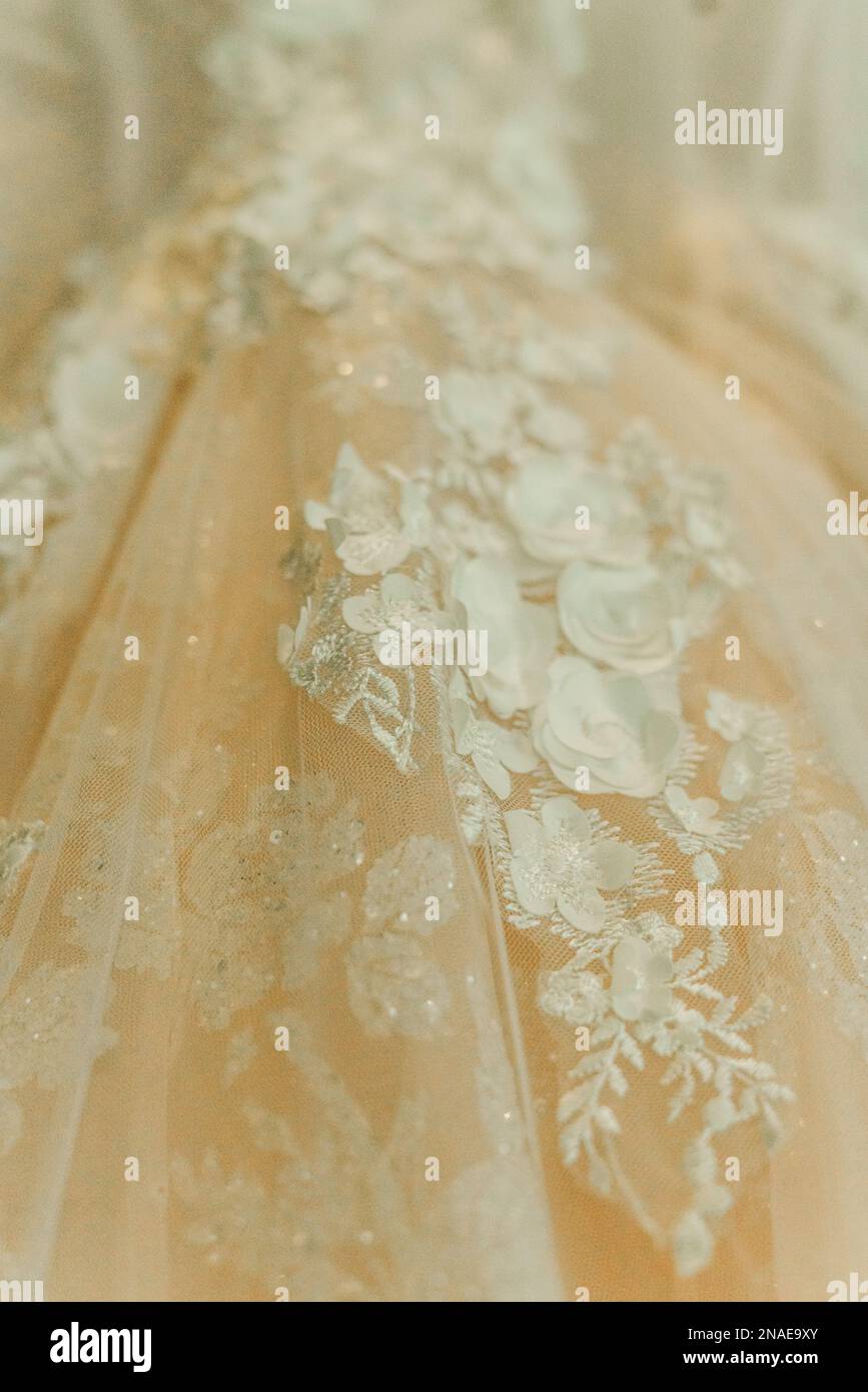 wedding Dress Detail with a peach under color Stock Photo