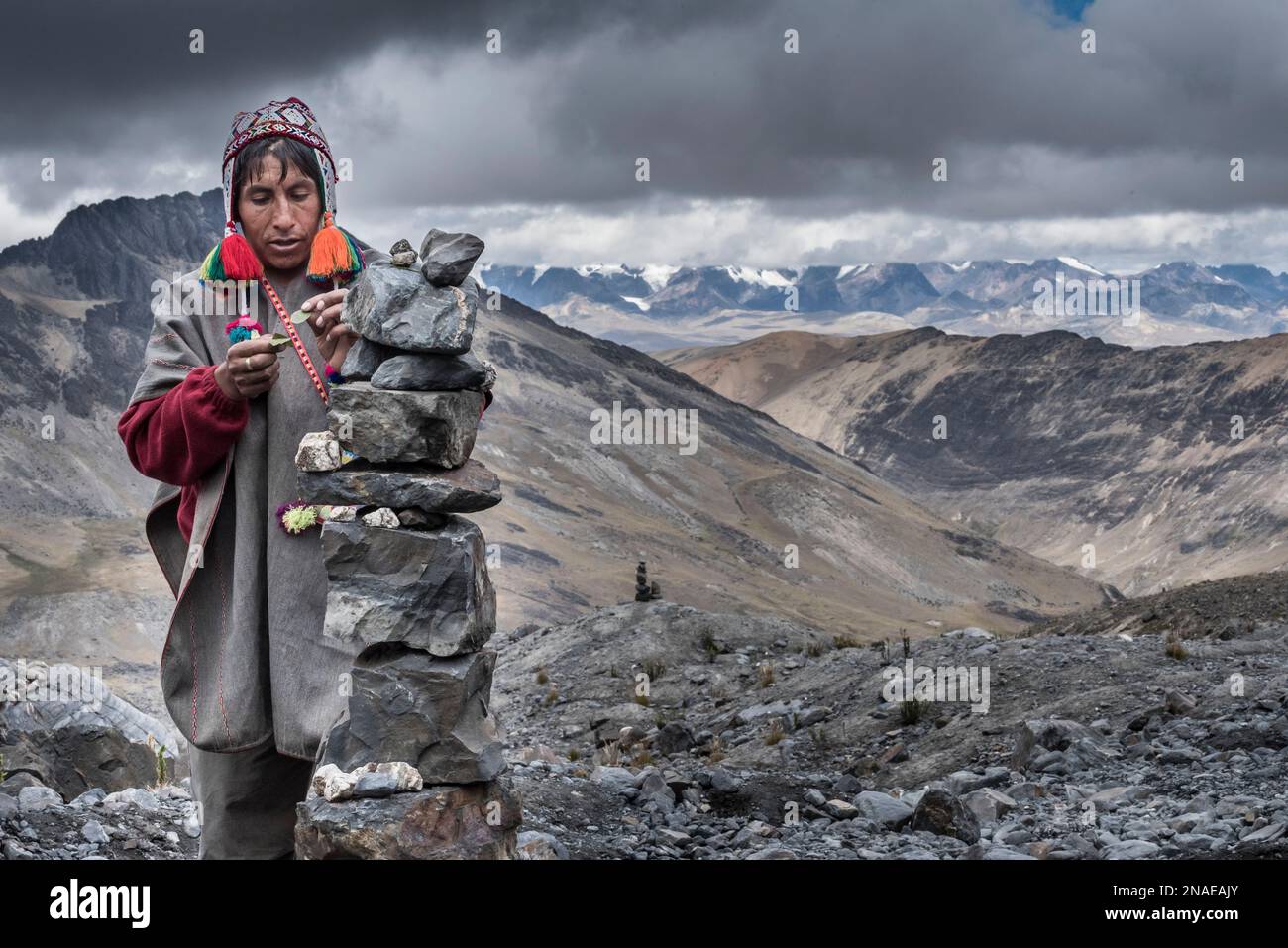Shaman performing ritual high in the Andes Stock Photo
