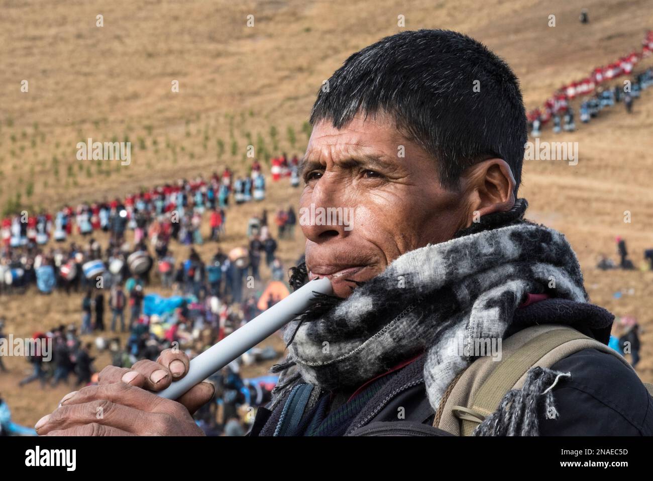 Pilgrims playing the flute, Qullyurit'i Festival Stock Photo