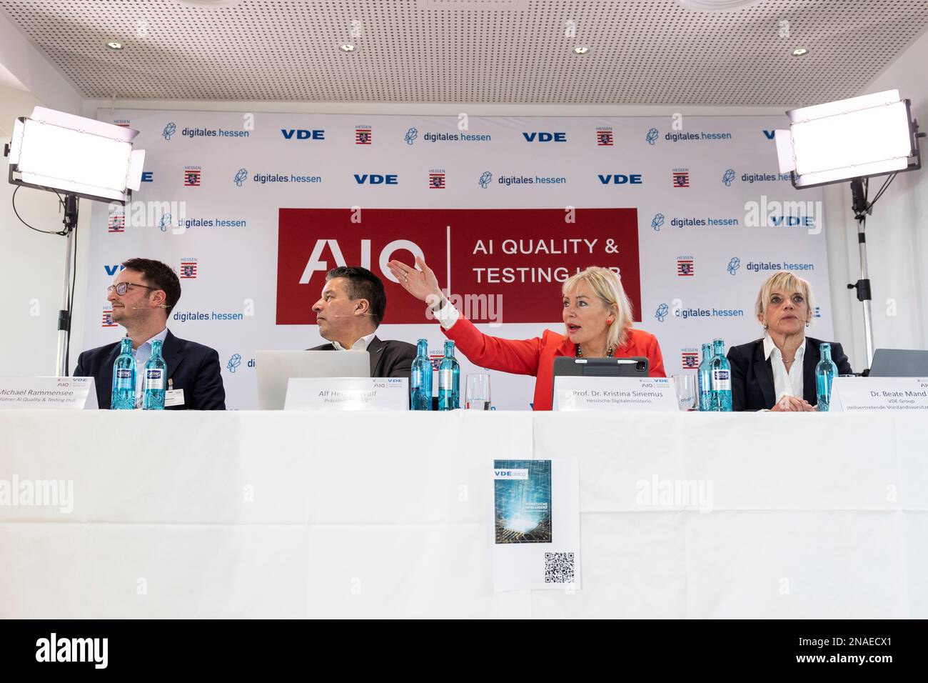 13 February 2023, Hesse, Frankfurt/Main: Kristina Sinemus (CDU, 2nd from right), Digital Minister of Hesse, speaks at the press conference alongside Michael Rammensee (l), Managing Director AI Quality & Testing Hub, Alf Henryk Wulf (2nd from left), President Verband der Elektrotechnik Elektronik Informationstechnik (VDE), and Beate Mand (r), Deputy Chairwoman VDE. To promote the quality of AI systems and make it verifiable, the state of Hesse and the VDE have launched an initiative. The aim is to strengthen the 'AI made in Hessen' brand. Photo: Hannes P. Albert/dpa Stock Photo