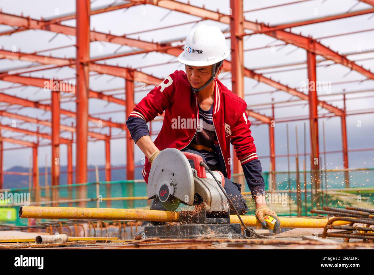 GANZHOU, CHINA - FEBRUARY 12, 2023 - Workers install steel structures ...