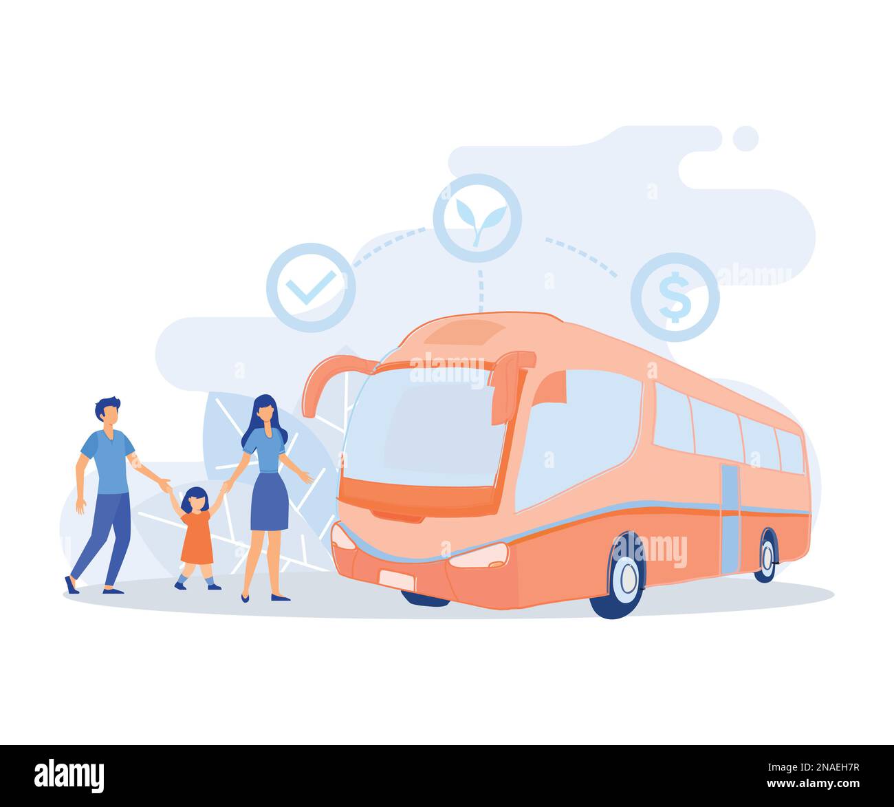 Sustainable transportation illustration. Characters standing near private electric car, e-bike and public bus. Environmental friendly transport concep Stock Vector
