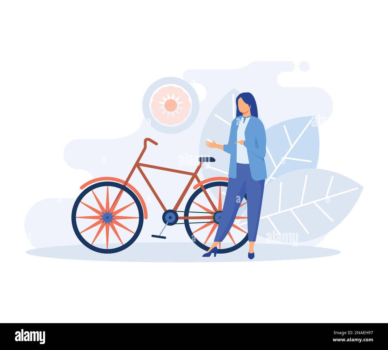 Sustainable transportation illustration. Characters standing near private electric car, e-bike and public bus. Environmental friendly transport concep Stock Vector