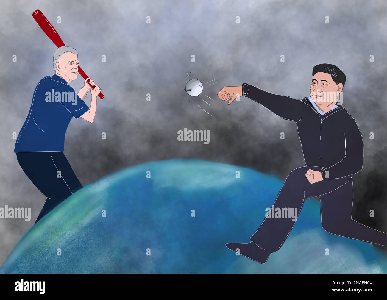 Xi jinping throwing a surveillance ballon at Jo Biden, batting like a baseball player Stock Photo