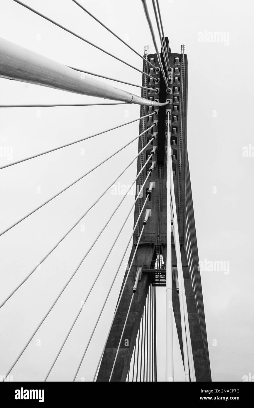Concrete ylon with attached tie rods of cable-stayed bridge Stock Photo