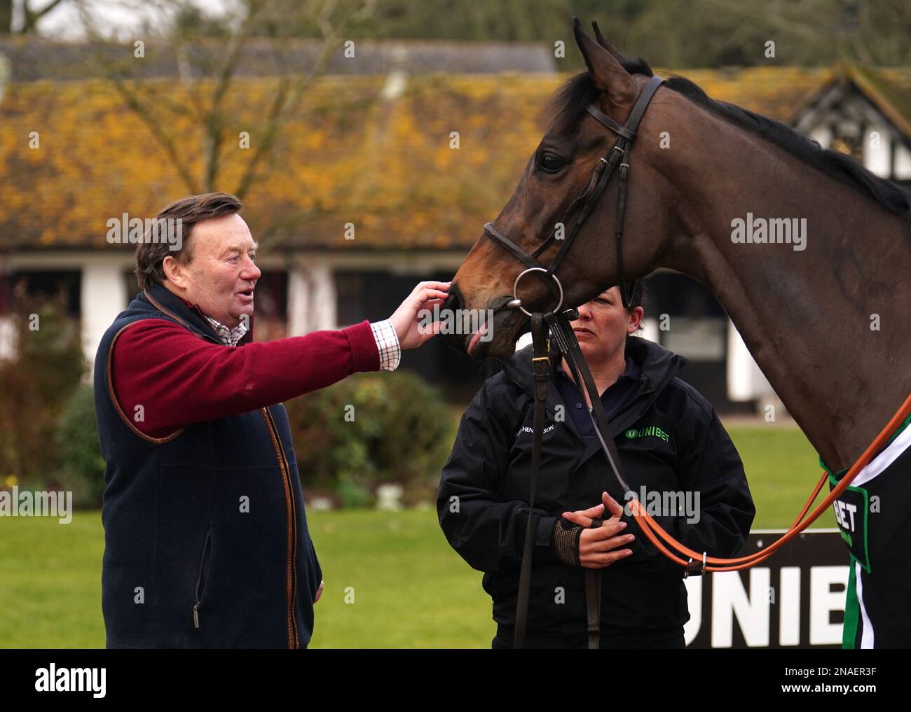 Trainer Nicky Henderson and Epatante during a visit to Nicky Henderson