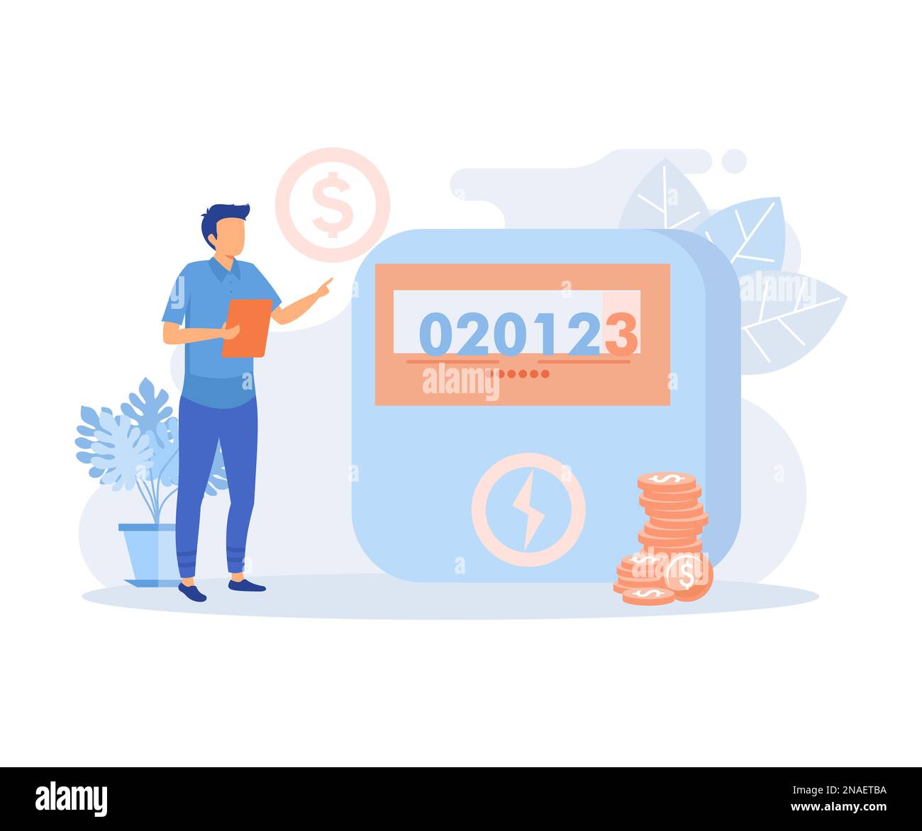 Household bills illustration. Characters calculating electricity, warm