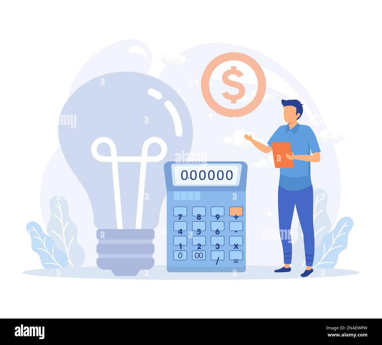 Sustainability illustration. Energy consumption in household. Characters using energy efficient devices, paying less and saving money. flat vector mod Stock Vector