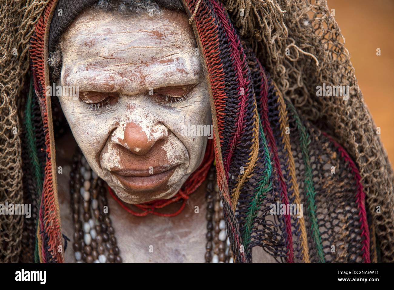Huli tribe member in the Tari Valley area in Papua New Guinea’s Southern Highlands, wearing a traditional wig. Stock Photo