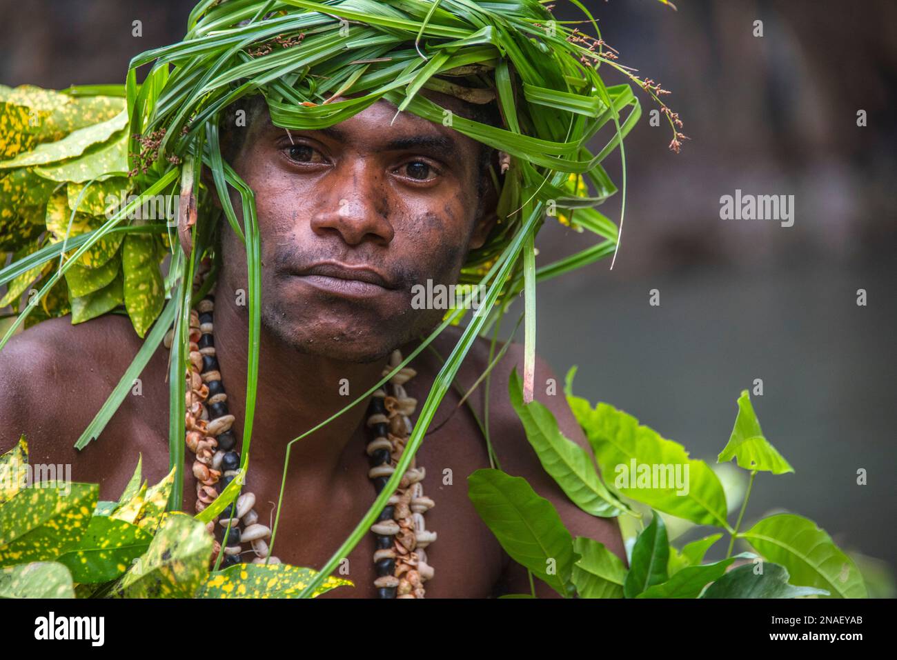 Man from the Jebo tribe, located in the Tufi area of Papua New Guinea. The area is known for the tattooing of women, with each tribe having their own Stock Photo