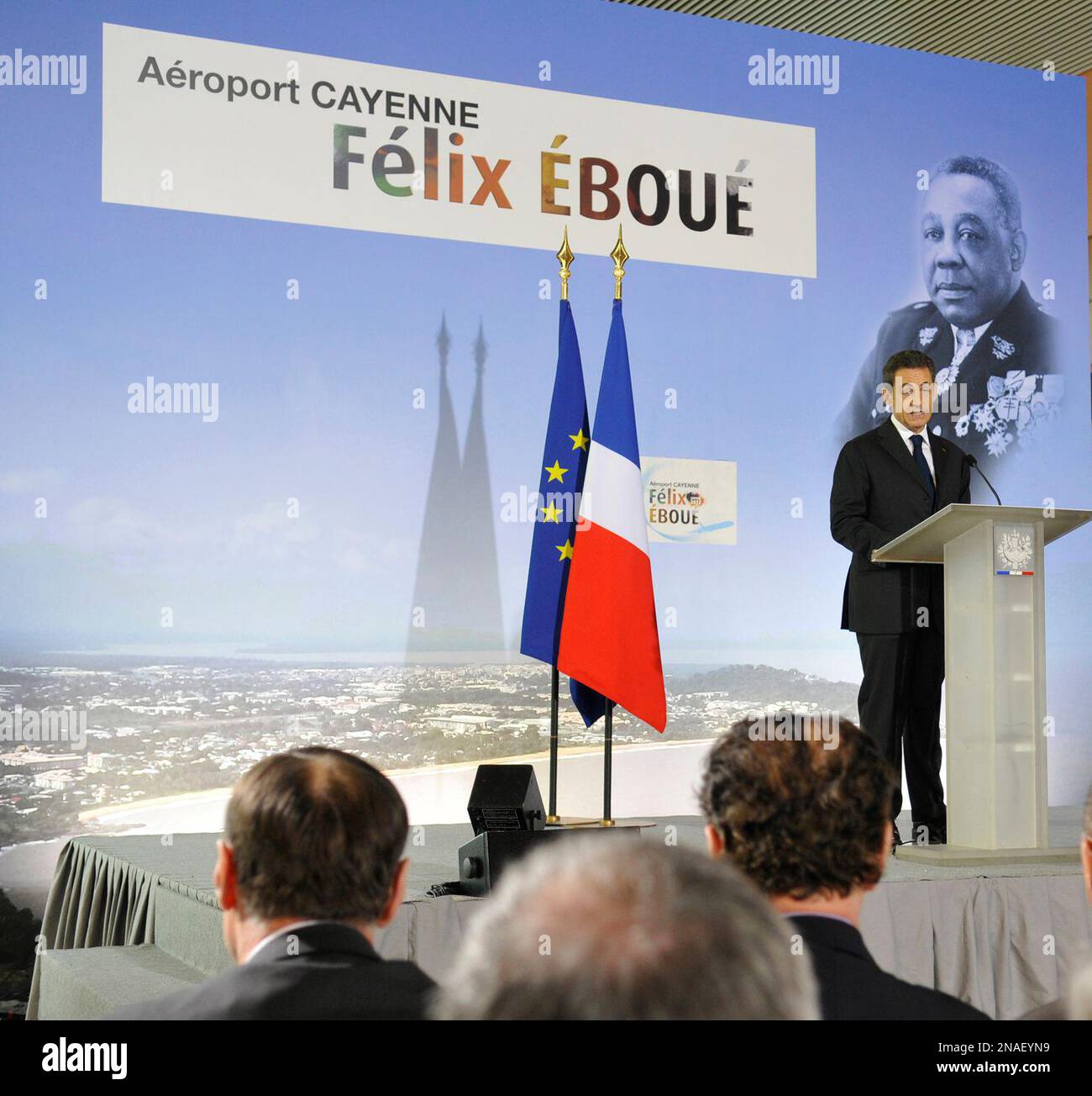 French President Nicolas Sarkozy delivers his speech at Cayenne Felix
