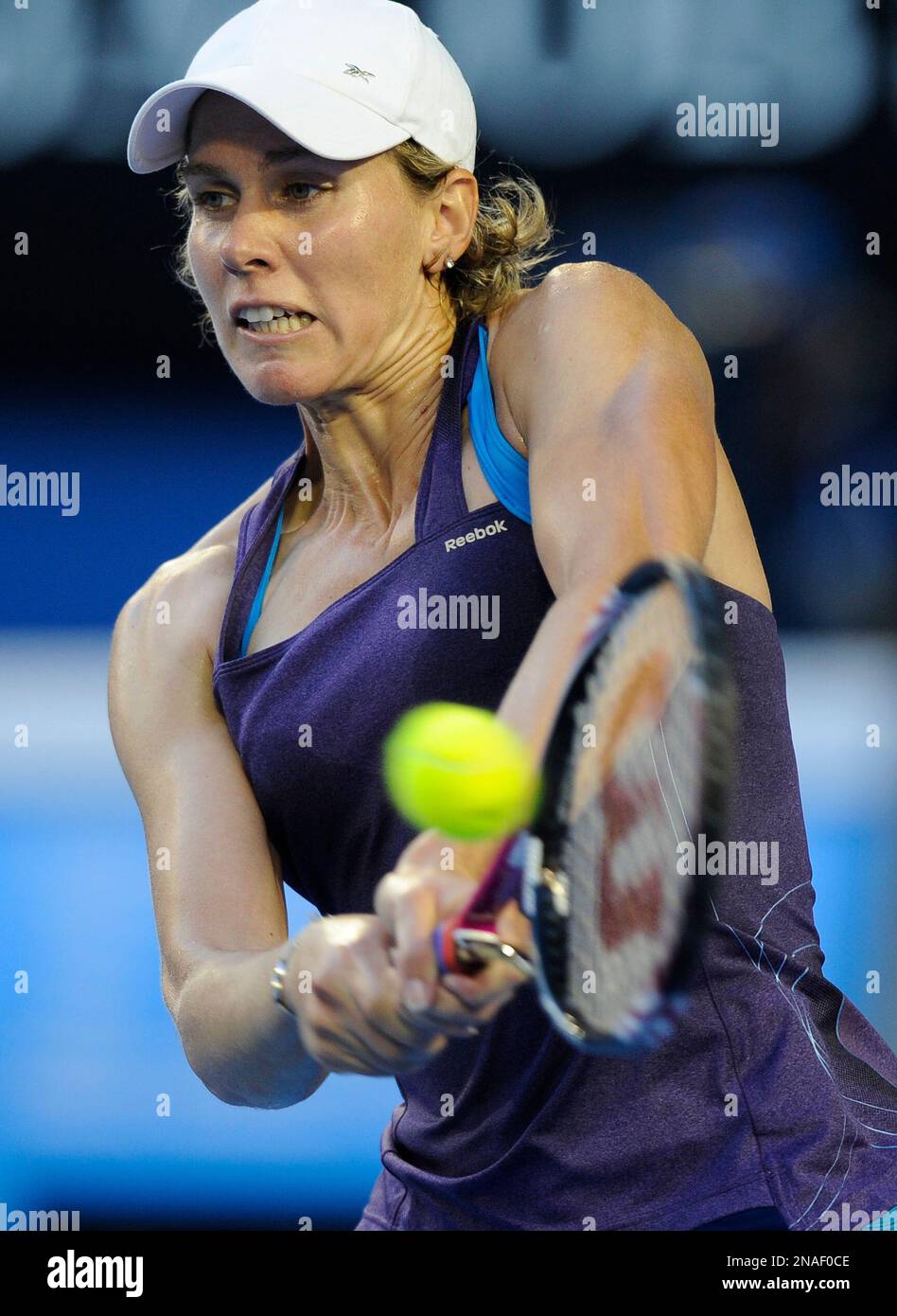 Hungary's Greta Arn plays a shot during her third round match against  Serena Williams of the US at the Australian Open tennis championship, in  Melbourne, Australia, Saturday, Jan. 21, 2012.(AP Photo/Andrew Brownbill