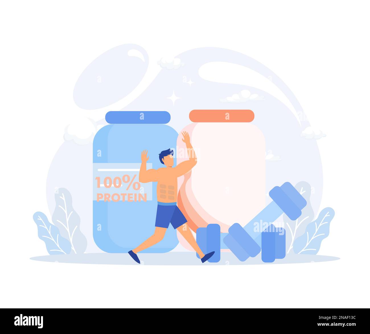 Healthy diet illustration. Characters drinking protein and fresh
