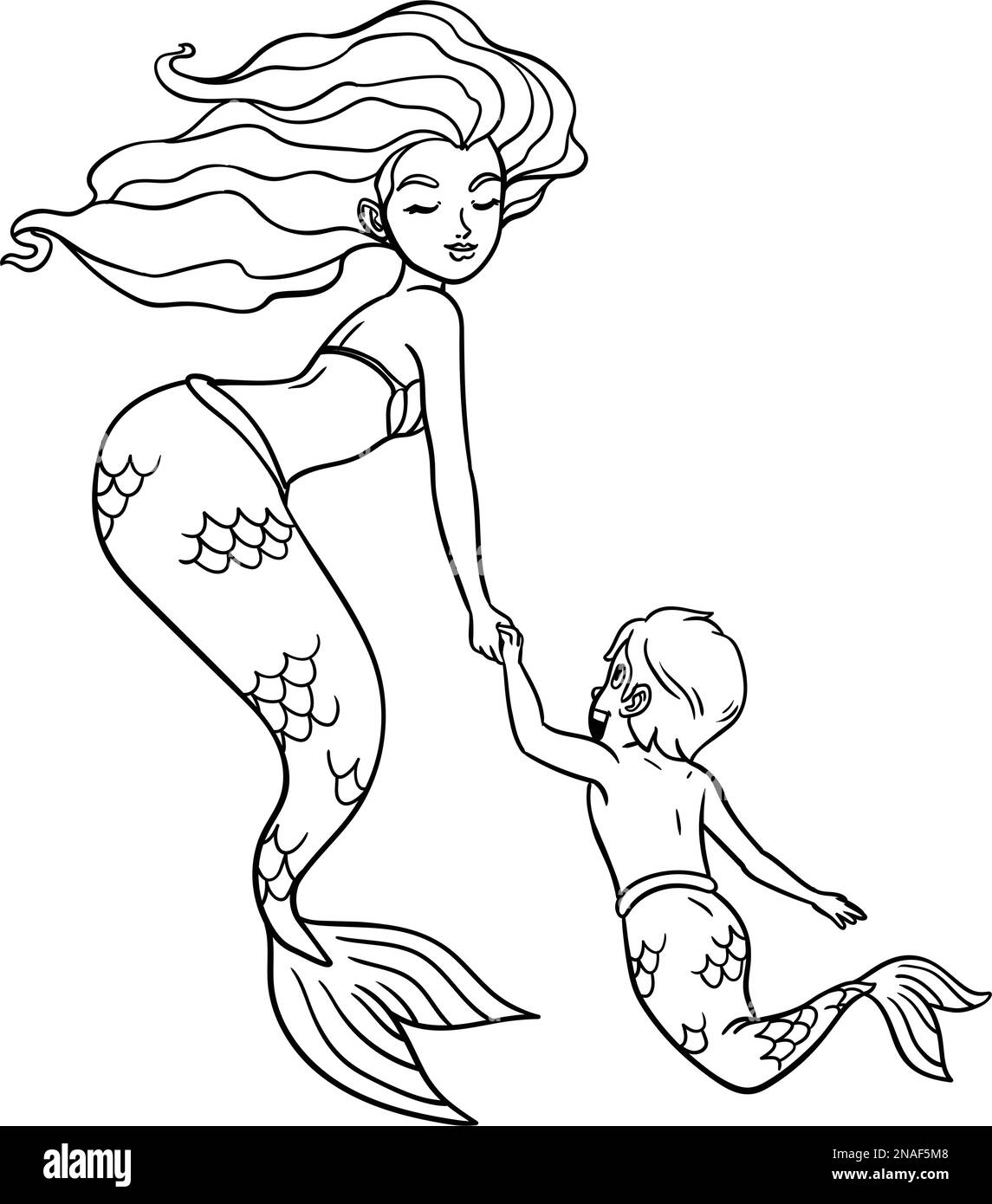 Mermaid and Young Merman Isolated Coloring Page Stock Vector Image ...
