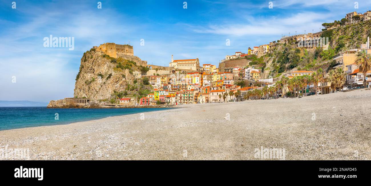 Awesome seaside town village Scilla with old medieval castle on rock