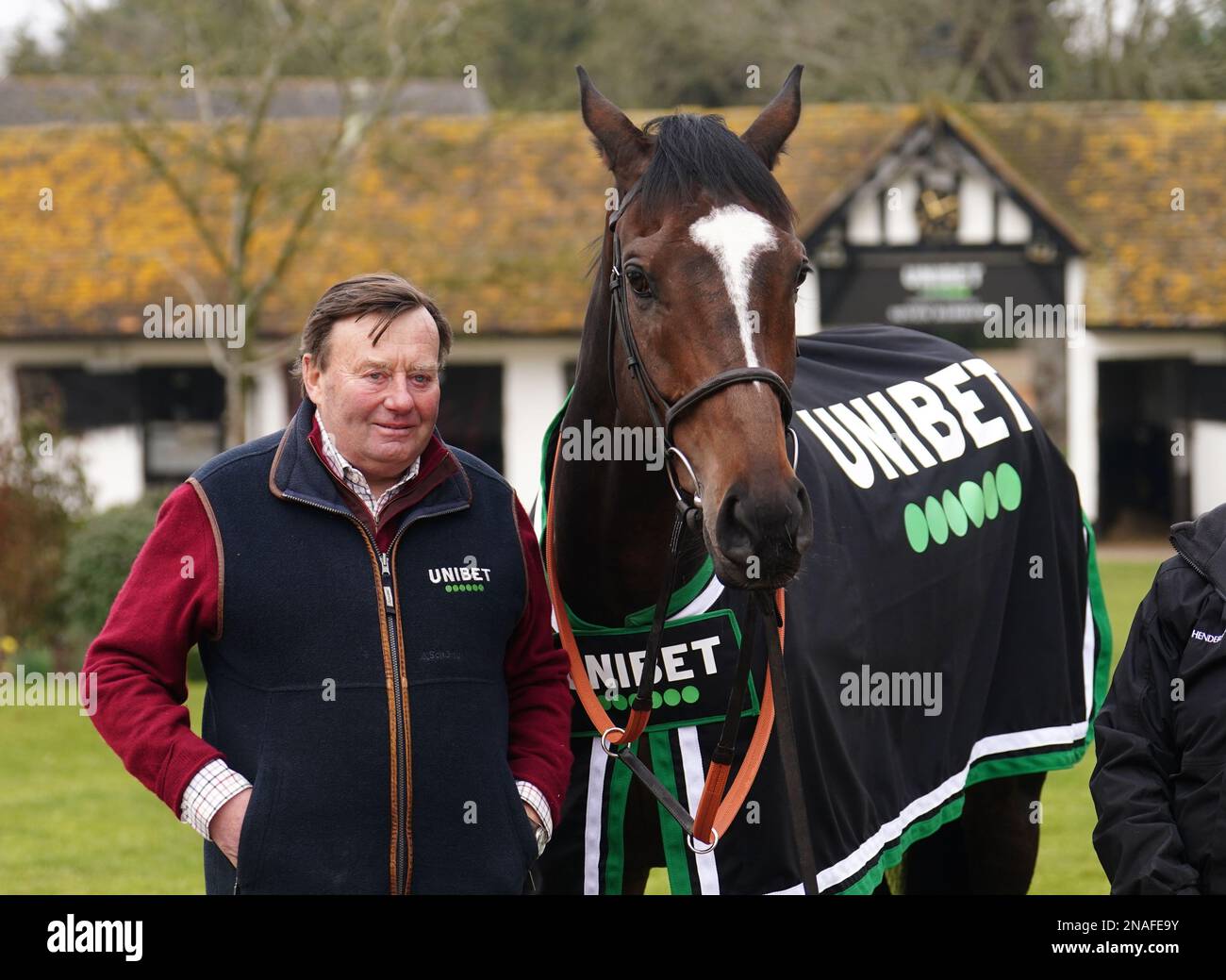 Trainer Nicky Henderson and Jonbon during a visit to Nicky Henderson's