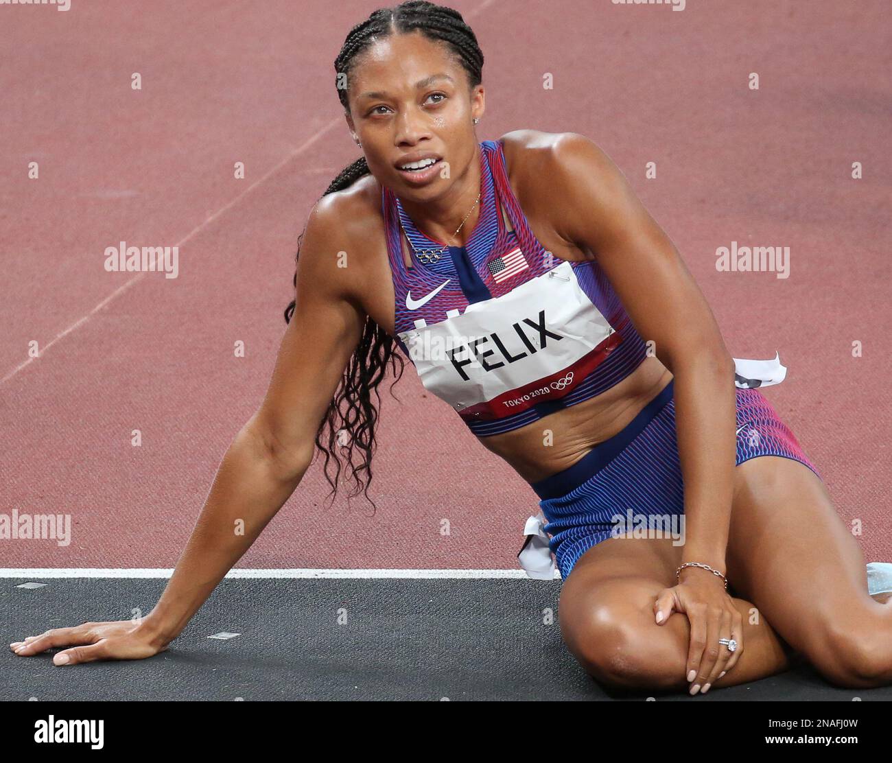 AUG 06, 2021 Tokyo, Japan Allyson Felix of United States wins an