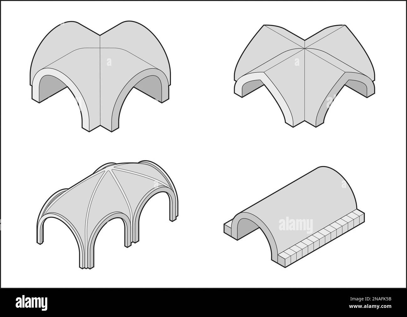 Different types of vaults. A vault is an arch extended lengthwise to
