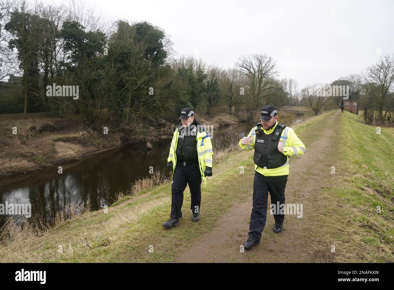 Police activity near the River Wyre in St Michael's on Wyre, Lancashire, as police continue their search for missing woman Nicola Bulley, 45, who vanished on January 27 while walking her springer spaniel Willow shortly after dropping her daughters, aged six and nine, at school. Picture date: Monday February 13, 2023. Stock Photo