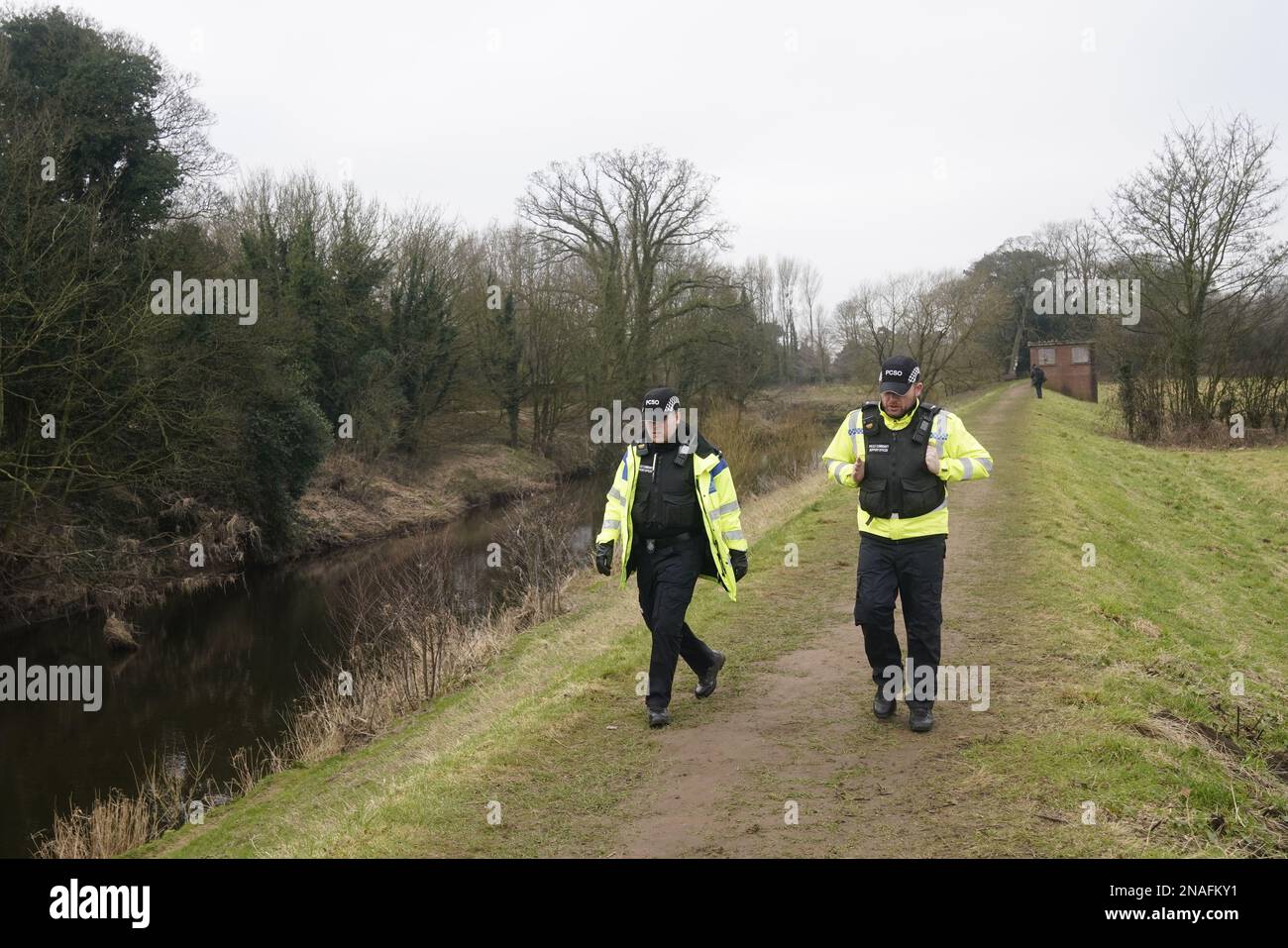 Police activity near the River Wyre in St Michael's on Wyre, Lancashire, as police continue their search for missing woman Nicola Bulley, 45, who vanished on January 27 while walking her springer spaniel Willow shortly after dropping her daughters, aged six and nine, at school. Picture date: Monday February 13, 2023. Stock Photo