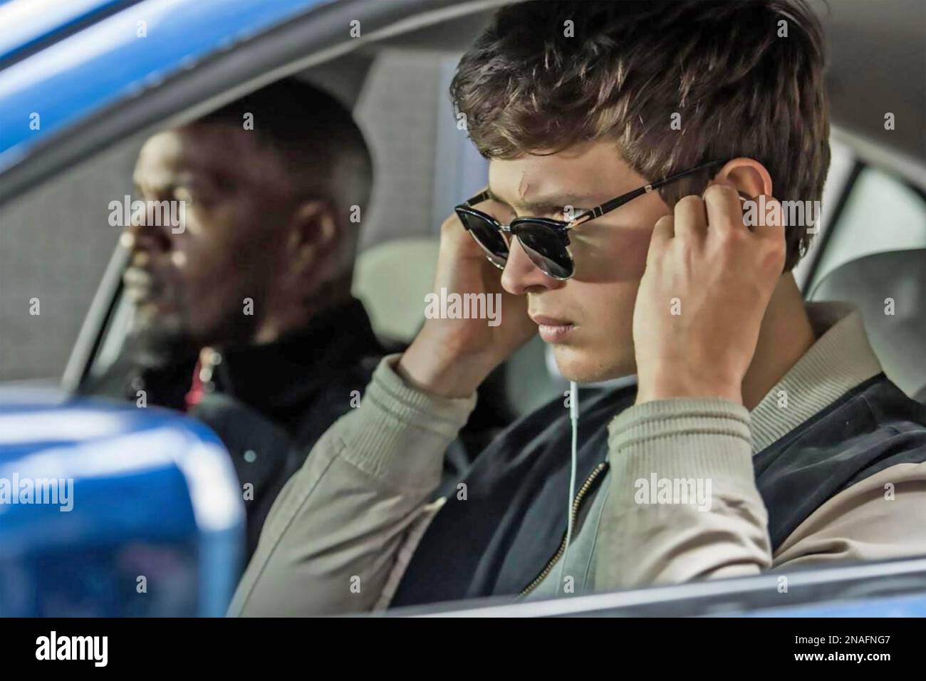 BABY DRIVER 2017 Sony Pictures Releasing  film with Jamie Foxx at bleft  and Ansel Elgort Stock Photo
