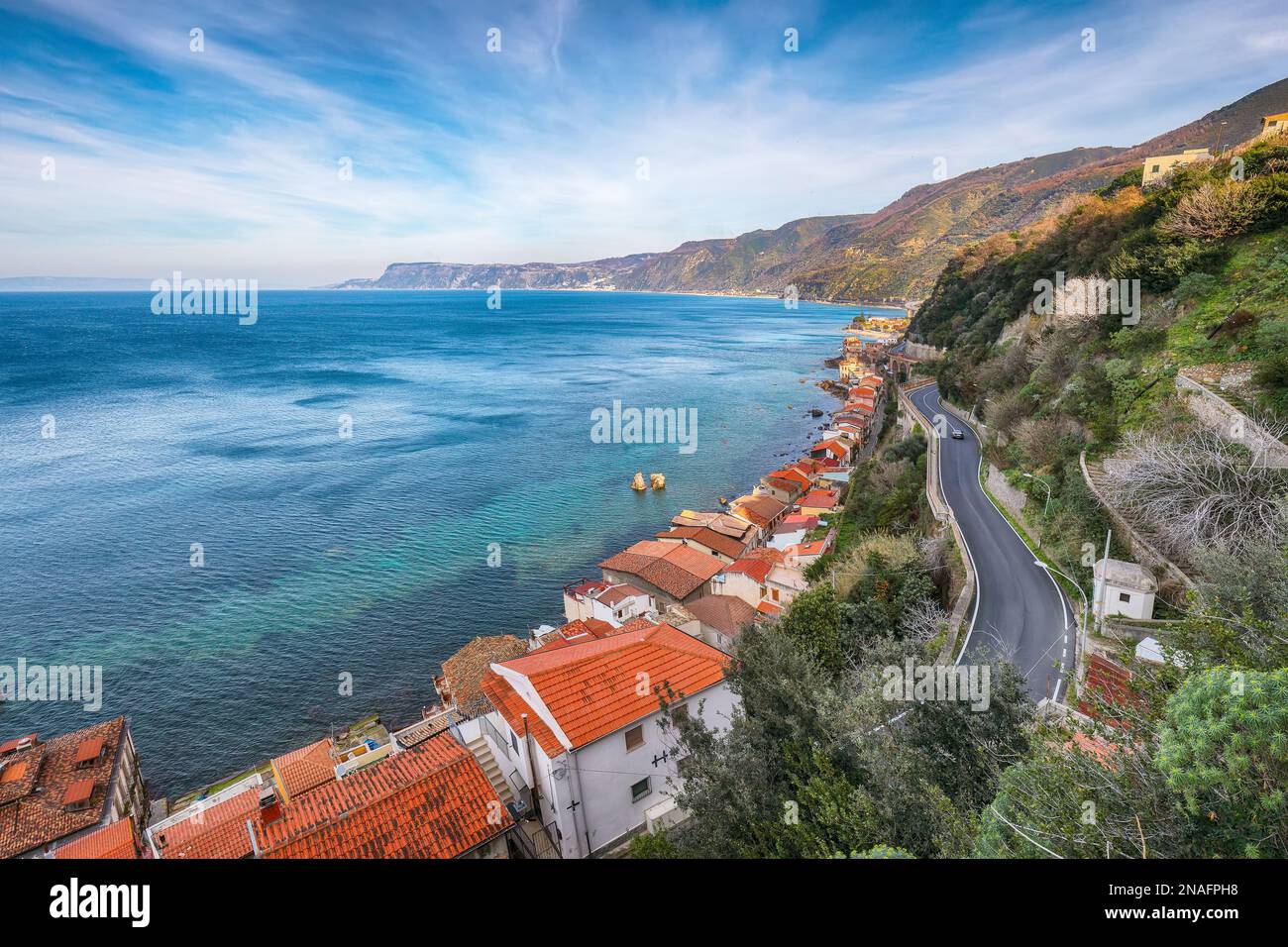 Awesome seaside and village Scilla with old medieval castle on rock